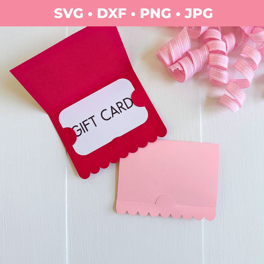 Red gift card envelope with white label on a white background, featuring SVG, DXF, PNG, and JPG formats text.
