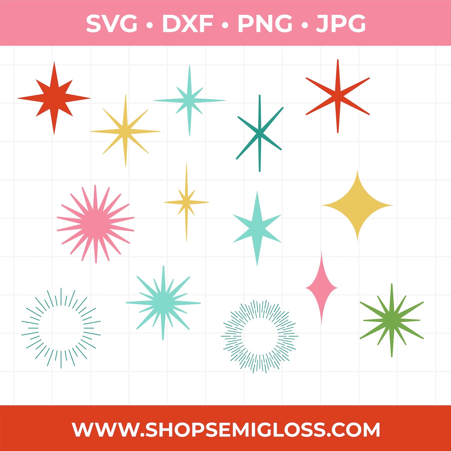 Collection of colorful starburst designs on a white background with file format options above and a website URL below.