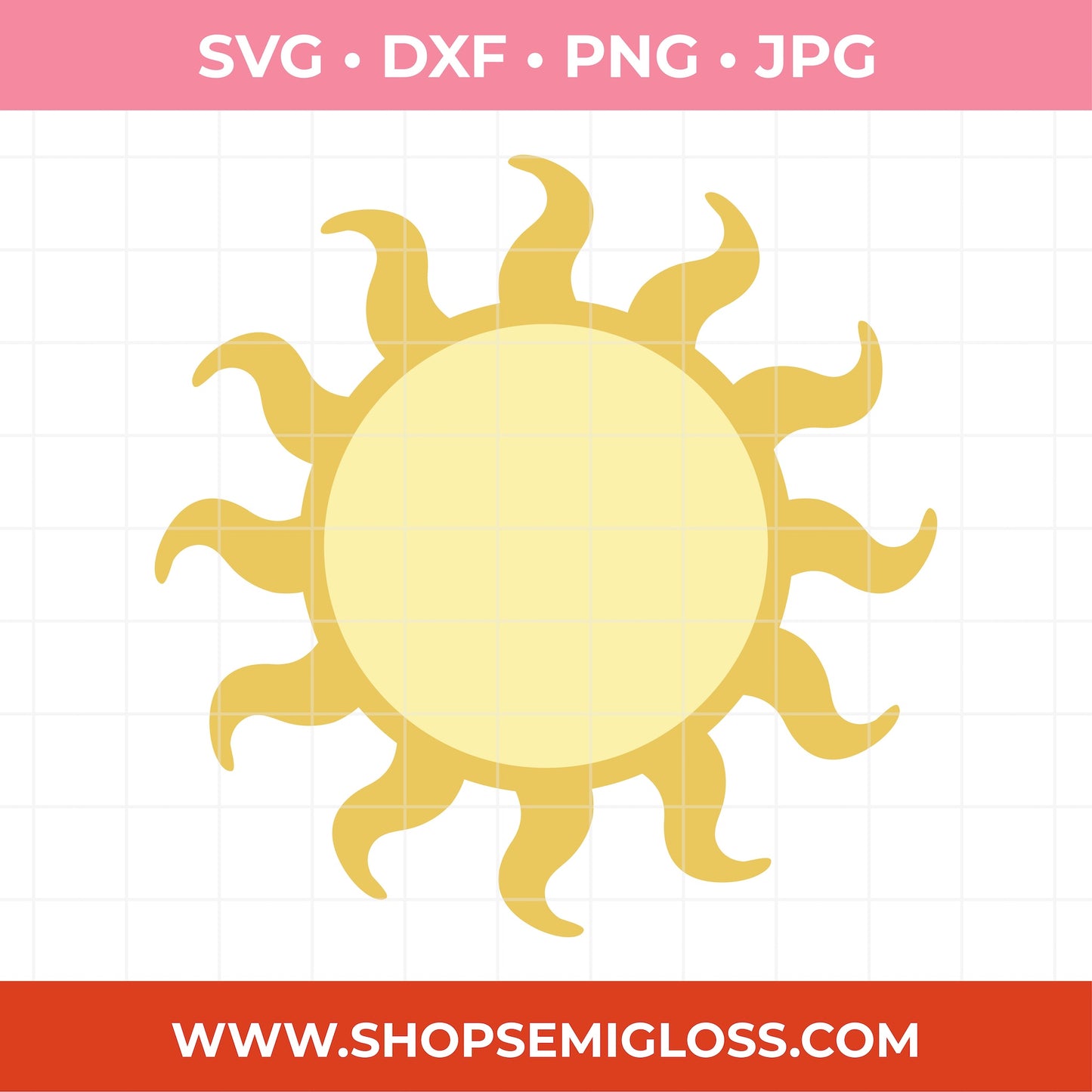 Sun SVG design with file format options and a website URL on a white background