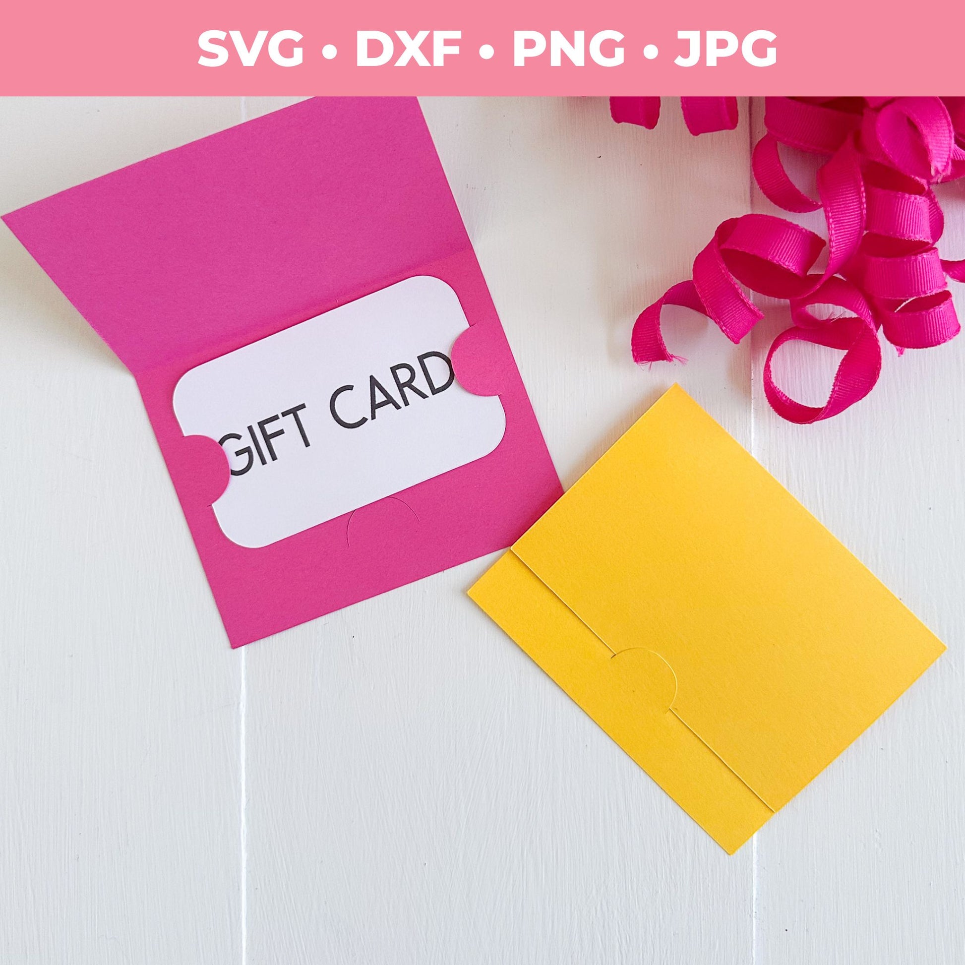 Pink gift card holder with a white 'Gift Card' label and yellow envelope on a light background.