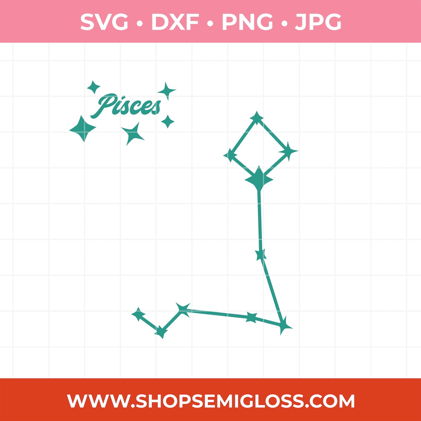 Pisces zodiac constellation design with file formats and a website URL at the bottom.